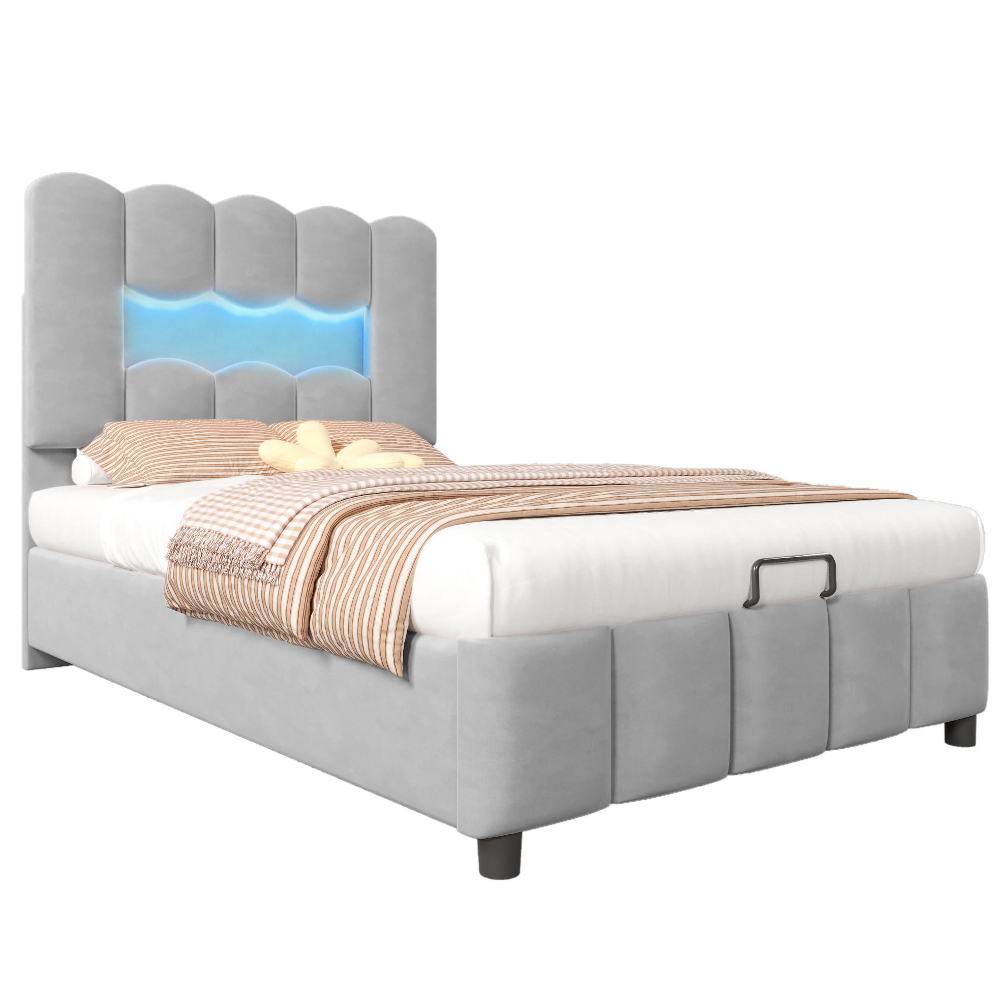 POLSTERBETT mit LED-Beleuchtung 90/200 cm mit Bettkasten und verstellbarem Kopfteil - Grau, Textil (90/200cm) - BEAOK