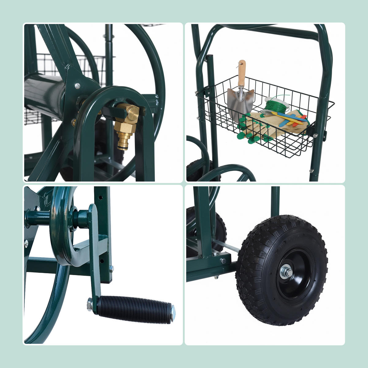 SCHLAUCHWAGEN Grün Stahl für 60 m Schlauch - Dunkelgrün, Kunststoff/Metall (66/94/60cm) - Relaxdays