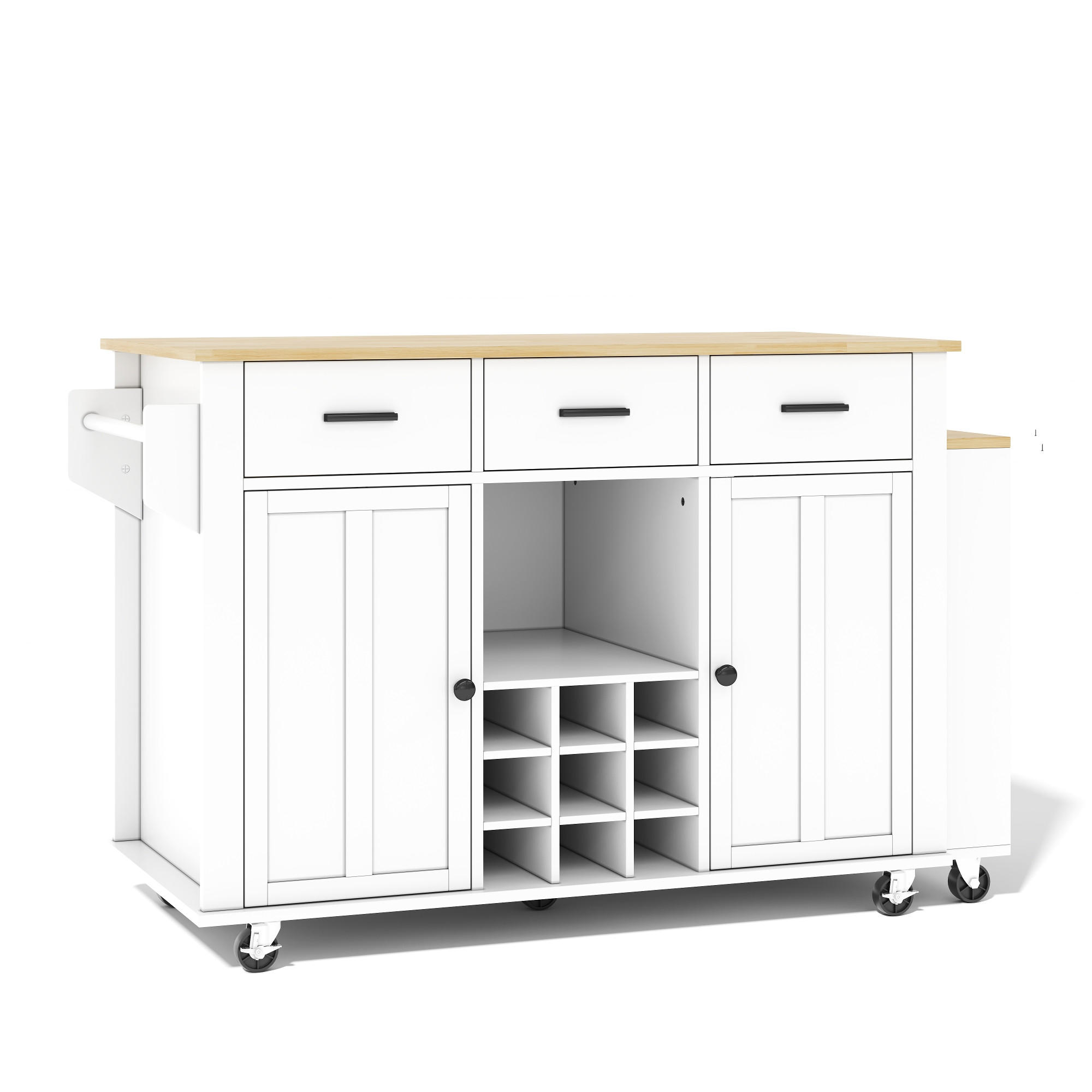 KÜCHENINSEL auf Rollen 136-223/50/93 cm Weiß mit ausziehbarer Arbeitsplatte und 3 Schubladen - Weiß, Holz (50/93/136cm) - Oxeza