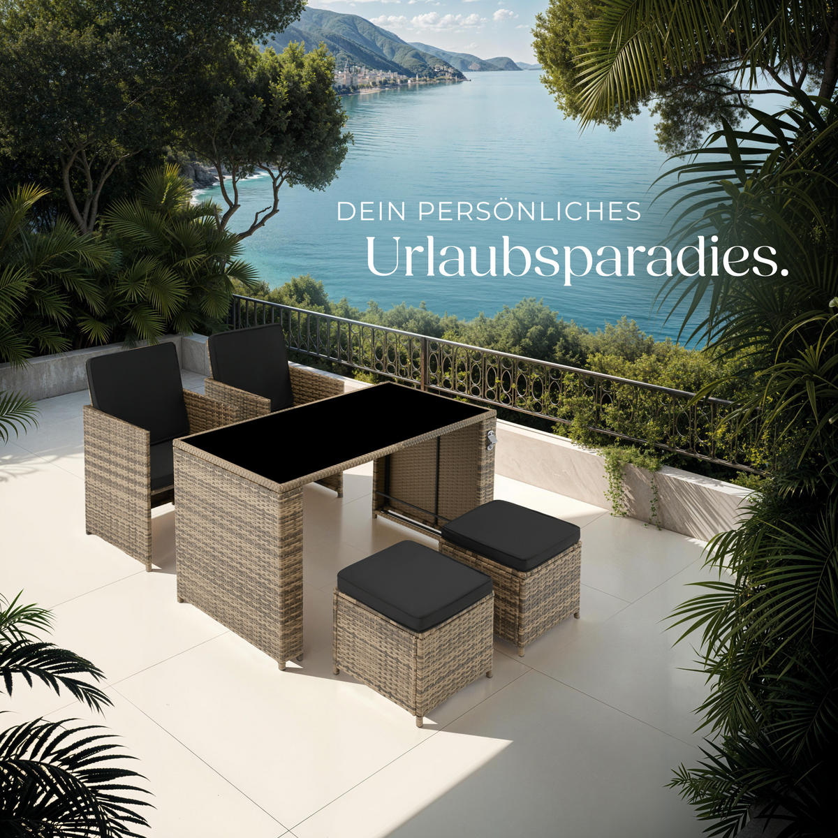 RATTAN SITZGRUPPE Palermo,inklusive Flaschenöffner, zusammenschiebbar,natur - Naturfarben, Kunststoff - tectake