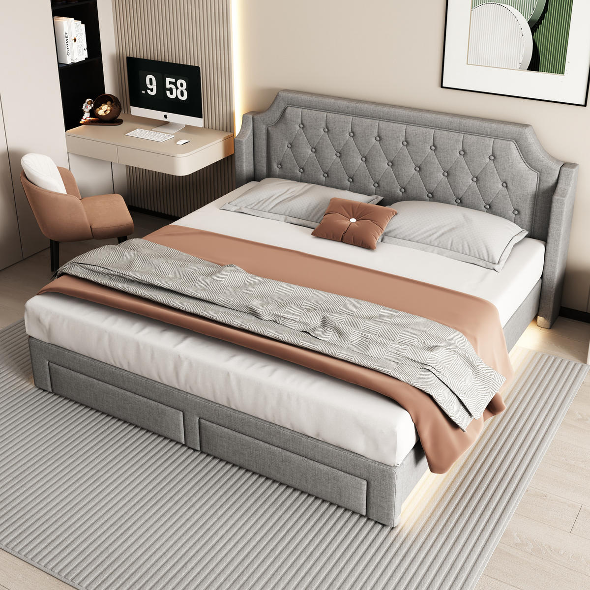 POLSTERBETT 180/200 cm Grau mit Lattenrost und LED-Beleuchtung - Grau, Textil (180/200cm) - OKWISH