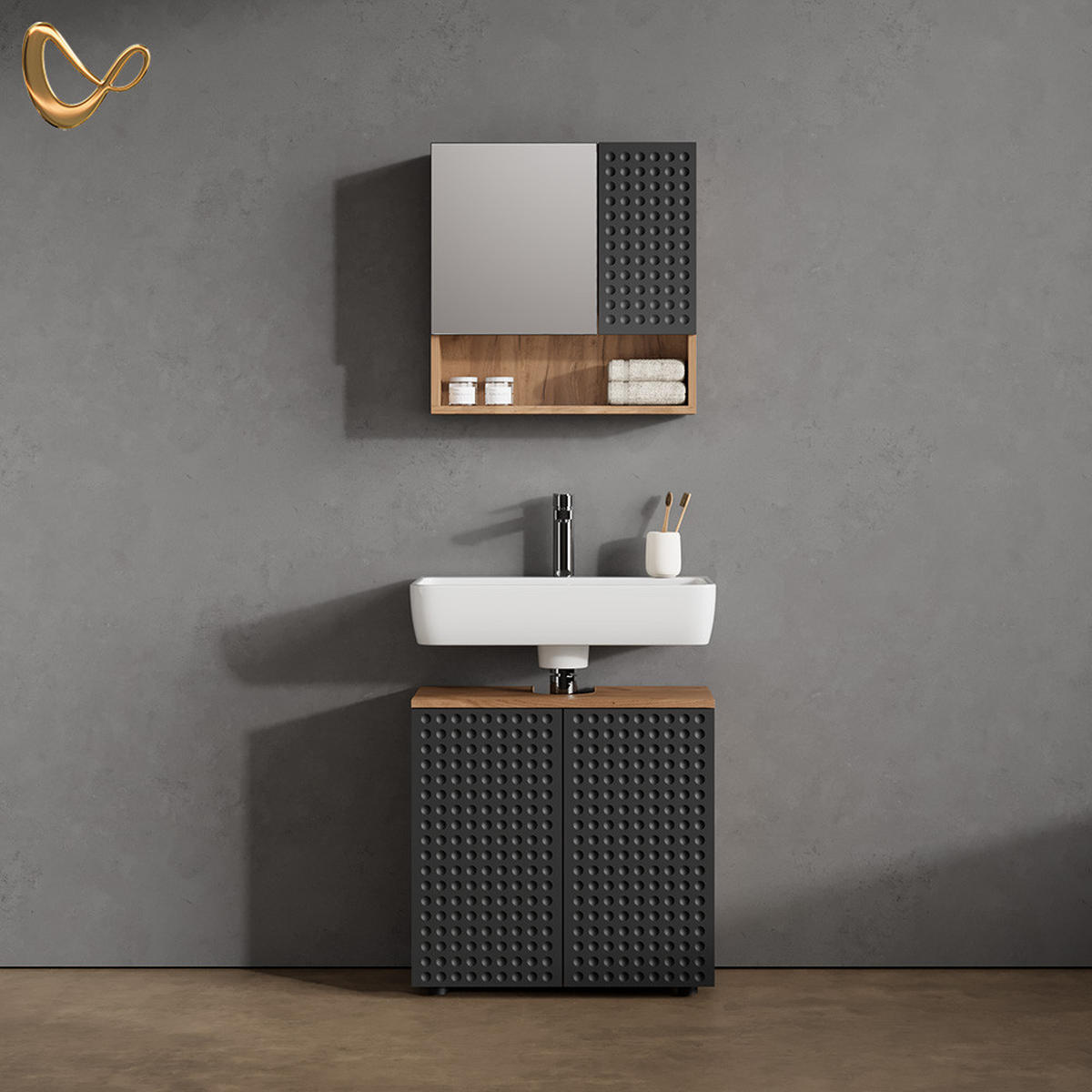 BADMÖBEL-SET Ronco Anthrazit gepunktet 2 Teile, Unterschrank 60 cm - Anthrazit, Holzwerkstoff (60/59/30cm) - Livinity®