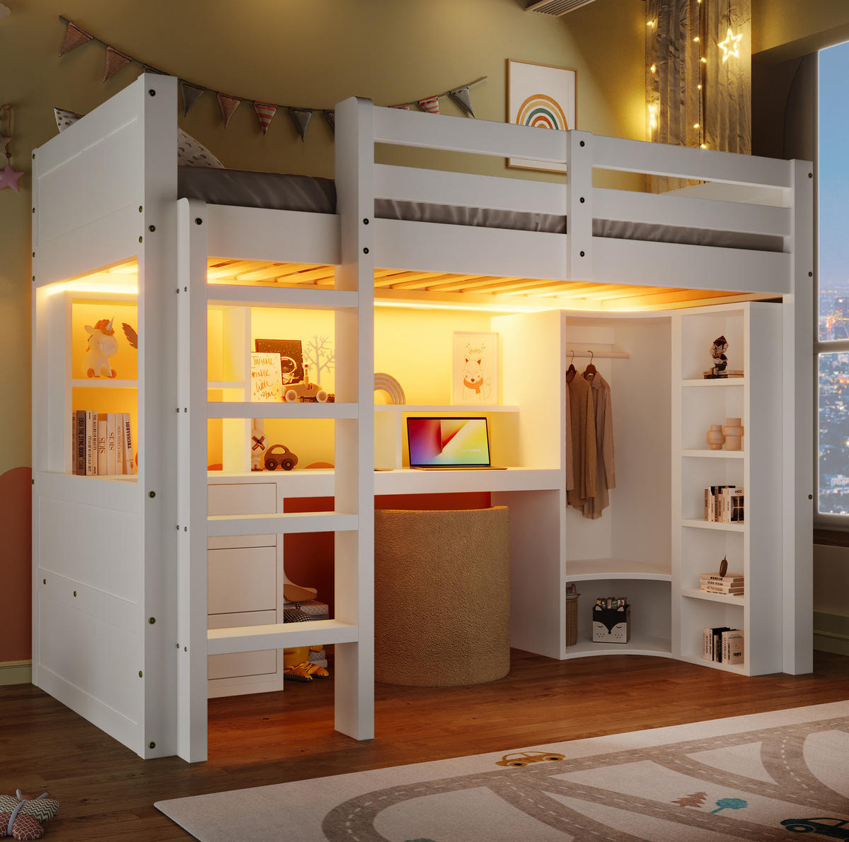 HOCHBETT 90/200 cm in Weiß mit LED-Beleuchtung, Schreibtisch und Kleiderschrank - Weiß, Holzwerkstoff (90/200cm) - Flora Grace