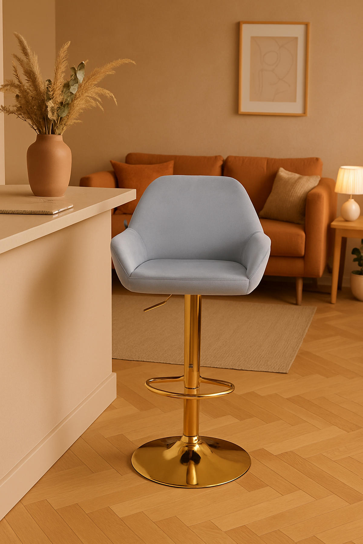 BARHOCKER 2er Set Prag Gold Samt grau - Goldfarben/Grau, Textil/Metall (51/109/52cm) - TPFLiving