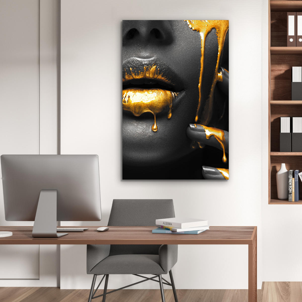 METALLBILD Frau - Schwarz - Gold - Gesicht - Lippen 60x90 cm - Goldfarben, Metall (60/90cm) - MuchoWow