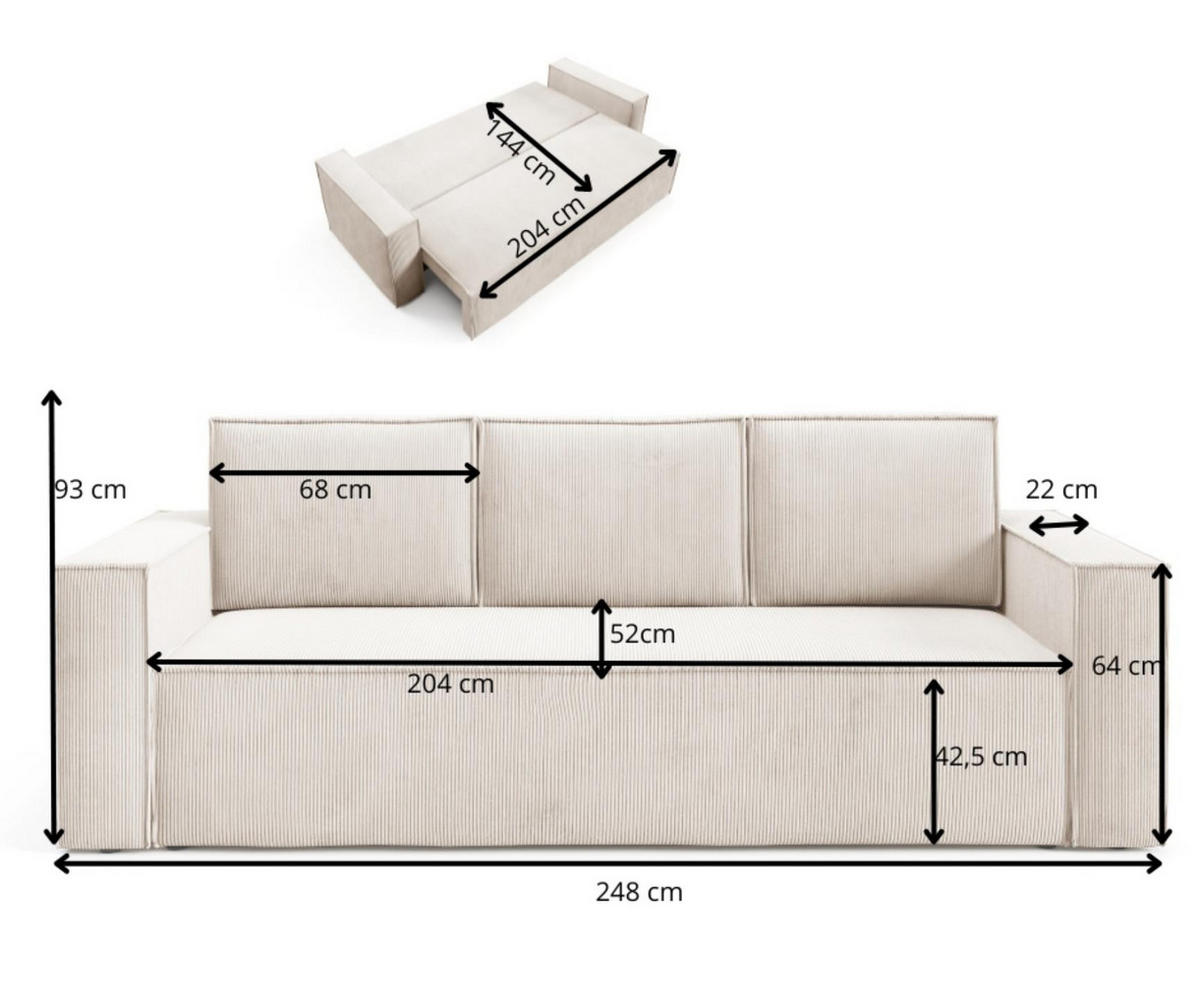 SOFA Roda Rosa, Kordsofa mit Schlaffunktion - Rosa, Holzwerkstoff/Textil (248/93/96cm) - Bettso