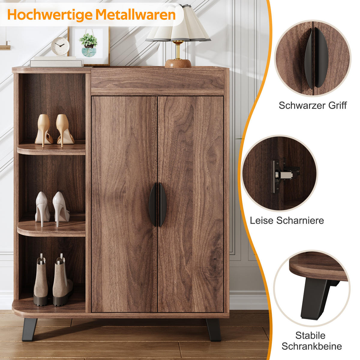 SCHUHSCHRANK in Nussbaum Schuhkipper mit offenen Fächern für Flur, B80/T32/H99cm - Schwarz/Braun, Holzwerkstoff/Metall (80/99/32cm) - STILVORA