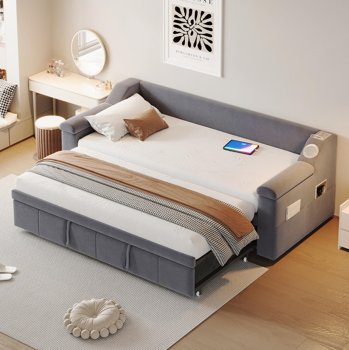 ROZKLÁDACÍ pohovka, 216/97/69 cm, samet šedá, 90/190 až 180/190 cm s Bluetooth a USB - šedá, textil (97/69/216cm) - BEAOK
