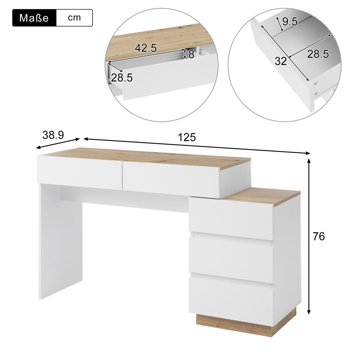 SCHREIBTISCH mit 5 Schubladen in Weiß/Eicheoptik - Weiß, Holzwerkstoff (120/60/75cm) - BEAOK