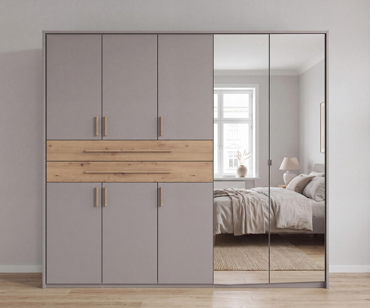 SKŘÍŇ S OTOČNÝMI DVEŘMI B228/H210/T58 cm, pískově šedá, s paspartou, 2 zrcadlové dveře, 2 velké zásuvky a úchytky v dekoru dub Artisan / 22638 - písková barva/dub artisan, kompozitní dřevo/plast (228/210/58cm) - luma-home