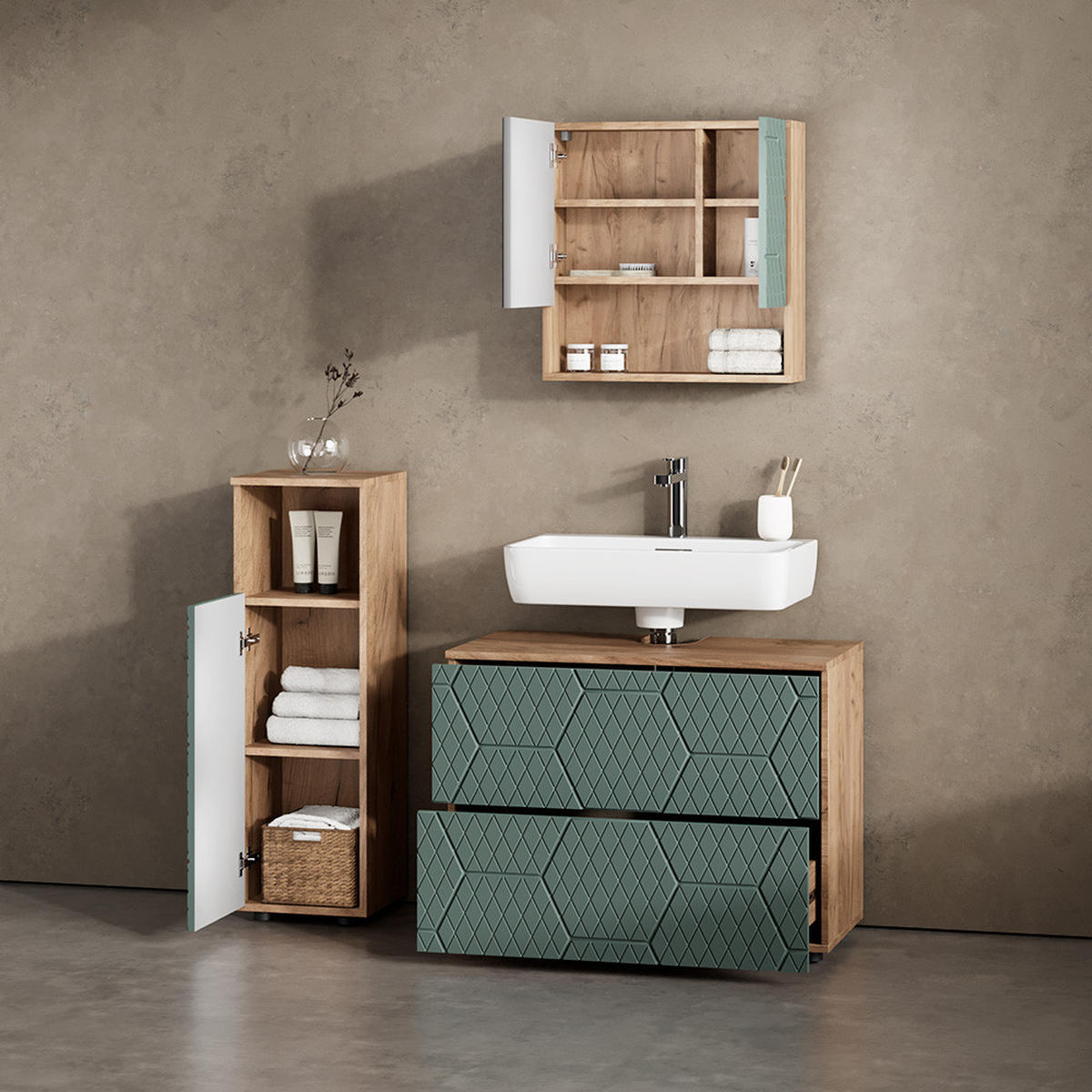 MIDISCHRANK Ronco Grün/Goldkraft Eiche 30 x 95 cm - Grün, Holzwerkstoff (30/95/30cm) - Livinity®
