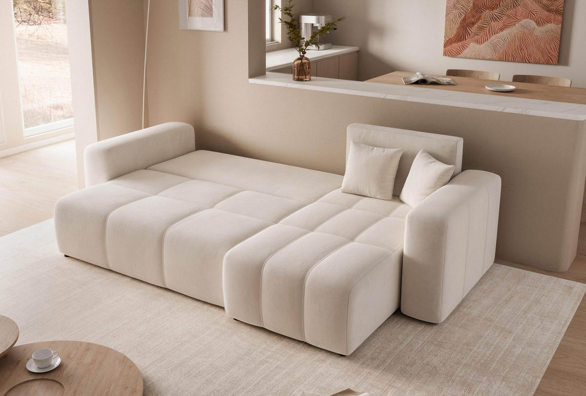 ECKSOFA Creme Velours mit Bettkasten und Schlaffunktion - Creme, Textil (248/145cm) - Idohome