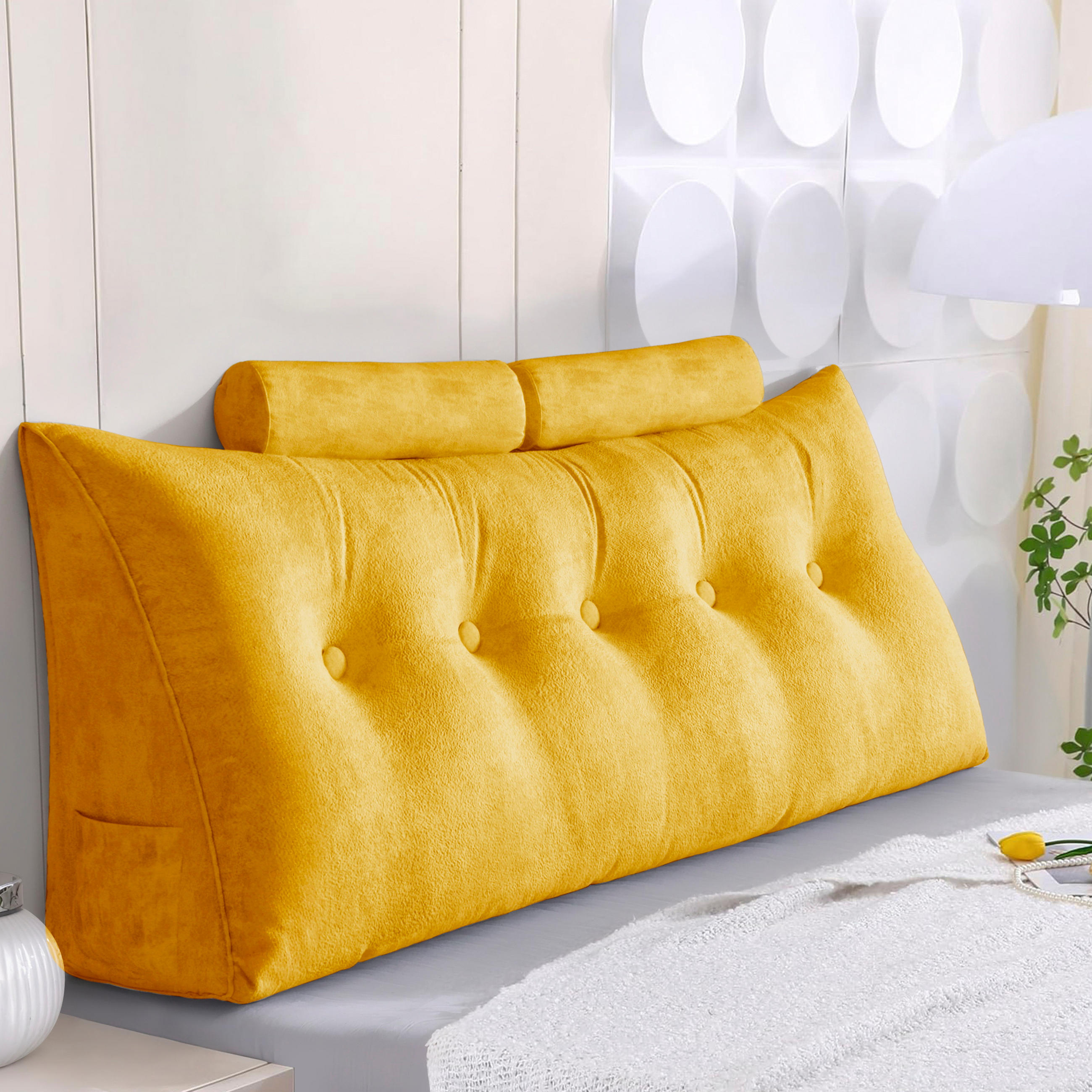 KEILKISSEN mit einem runden Kissen 3er-Set Samt Gelb 160cm - Gelb, Textil (20/160cm) - Vercart
