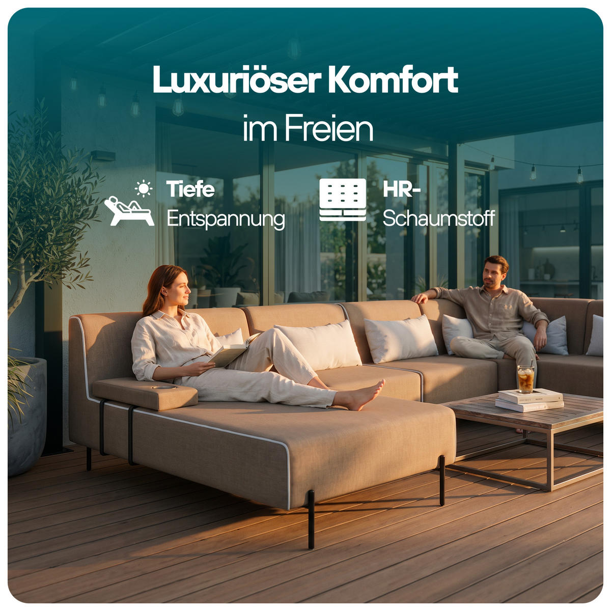 GARTENMÖBEL Set 2 x Sofa und Sessel, BORNEO, UV-beständig, Solide Konstruktion, HR-Schaumfüllung, Wetterfeste Bezugstoff, Beige - Beige, Holz - Trada