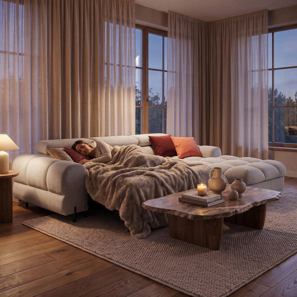 ECKSOFA UFFO L Rechts mit Schlaffunktion 260x195 Velours Creme - Creme/Schwarz, Holz/Textil (195/260cm) - Muffo