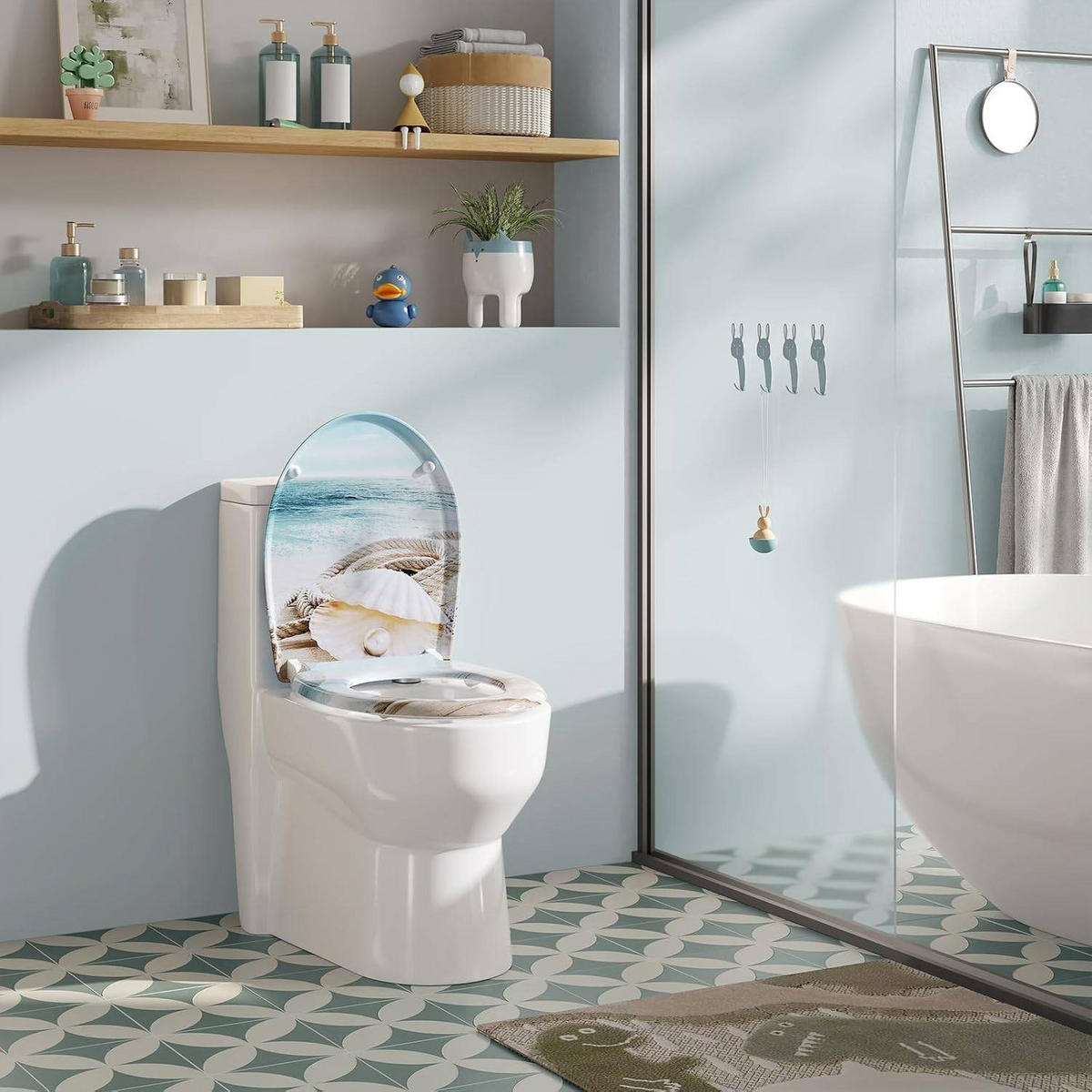 TOILETTENDECKEL mit Absenkautomatik, Duroplast, Weiße Perle - Blau/Weiß, Kunststoff (37/2.5/45cm) - Woltu