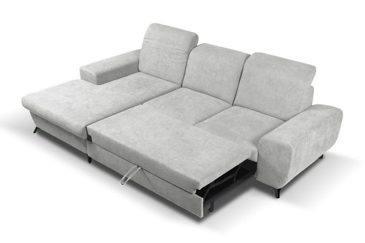 ECKSOFA LUCE L-S Grau Plüsch-Stoff mit Schlaffunktion - Grau, Holz (279/172cm) - MASSENO