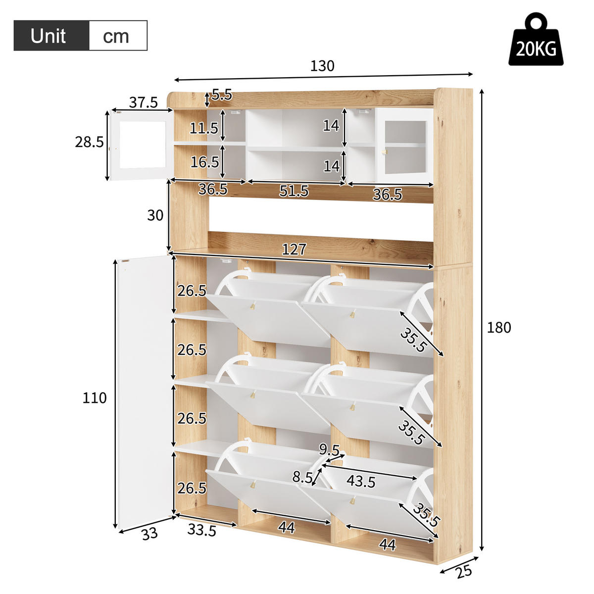 SCHUHSCHRANK 130x25x180cm mit Glas, LED und 6 Klappen - Weiß/Naturfarben, Holzwerkstoff (130/180/25cm) - FLIEKS