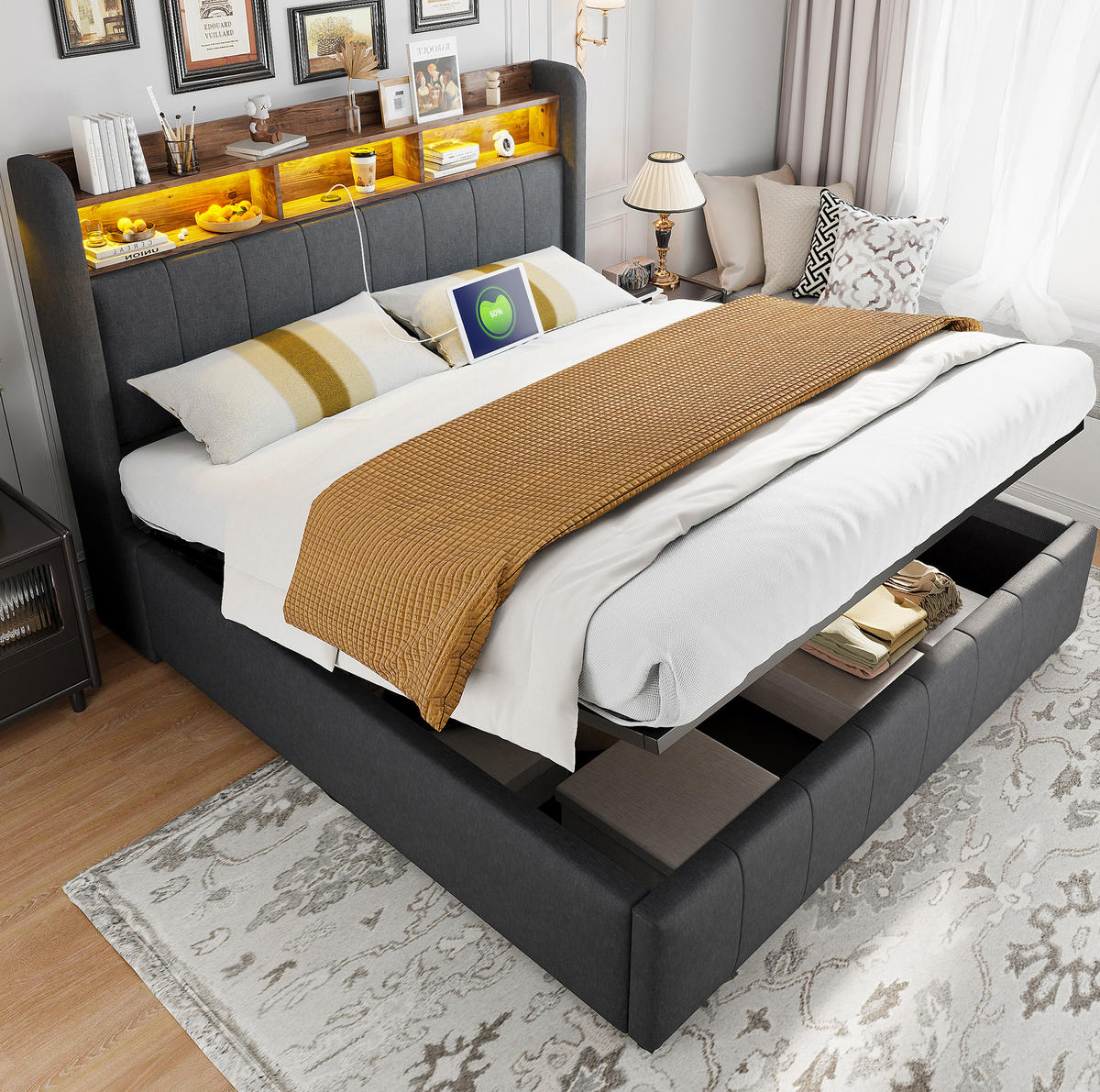 POLSTERBETT 160/200 cm aus Leinenstoff mit LED-Beleuchtung und Stauraum Grau - Grau, Textil (160/200cm) - Modenvie