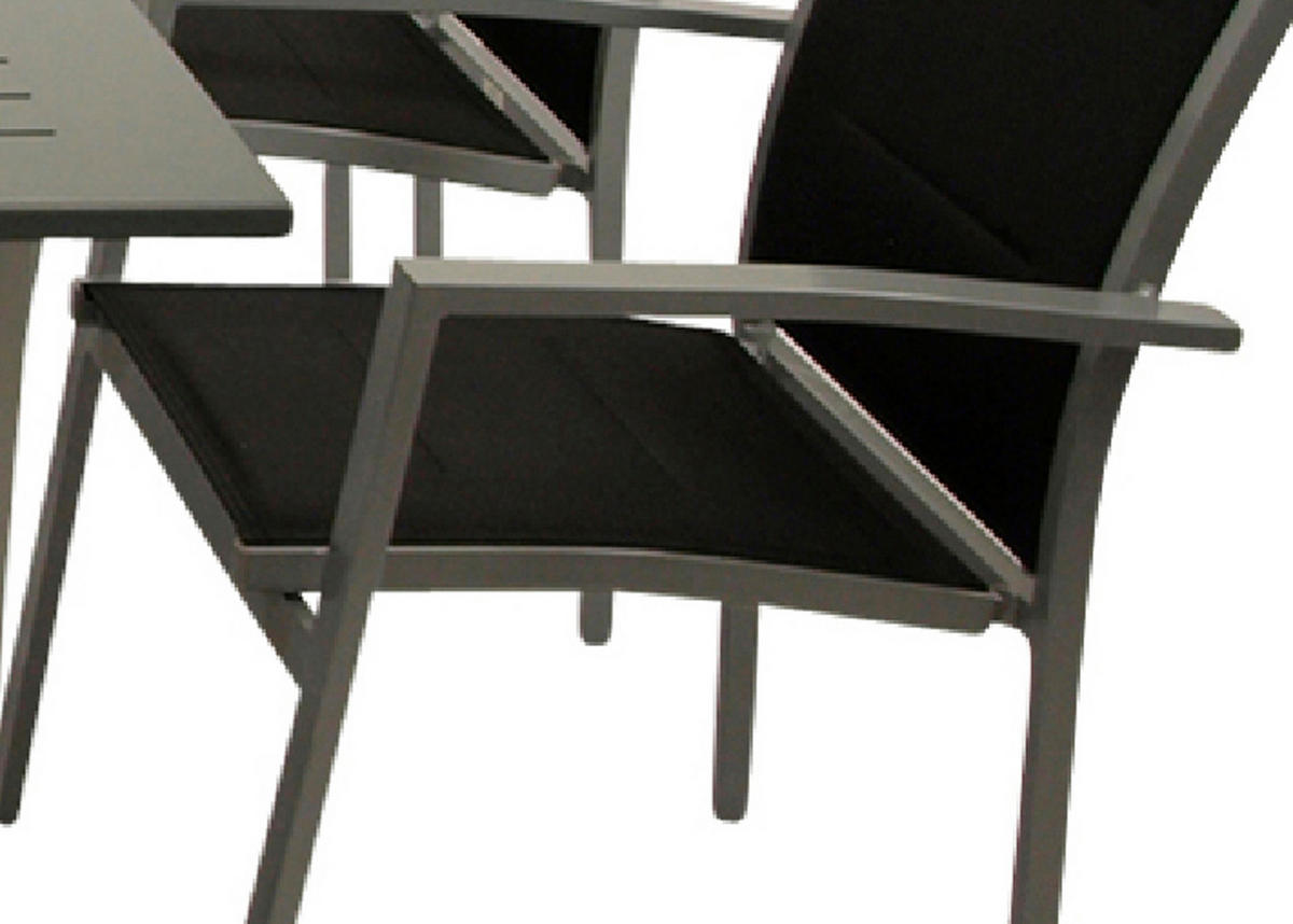 GARTEN-GARNITUR Ashford - 7-teilige Garten-Essgruppe (6x Stapelsessel mit Aluminiumgestell, Bespannung Textillehne schwarz, Ausziehtisch - Schwarz, Metall - TPFGarden