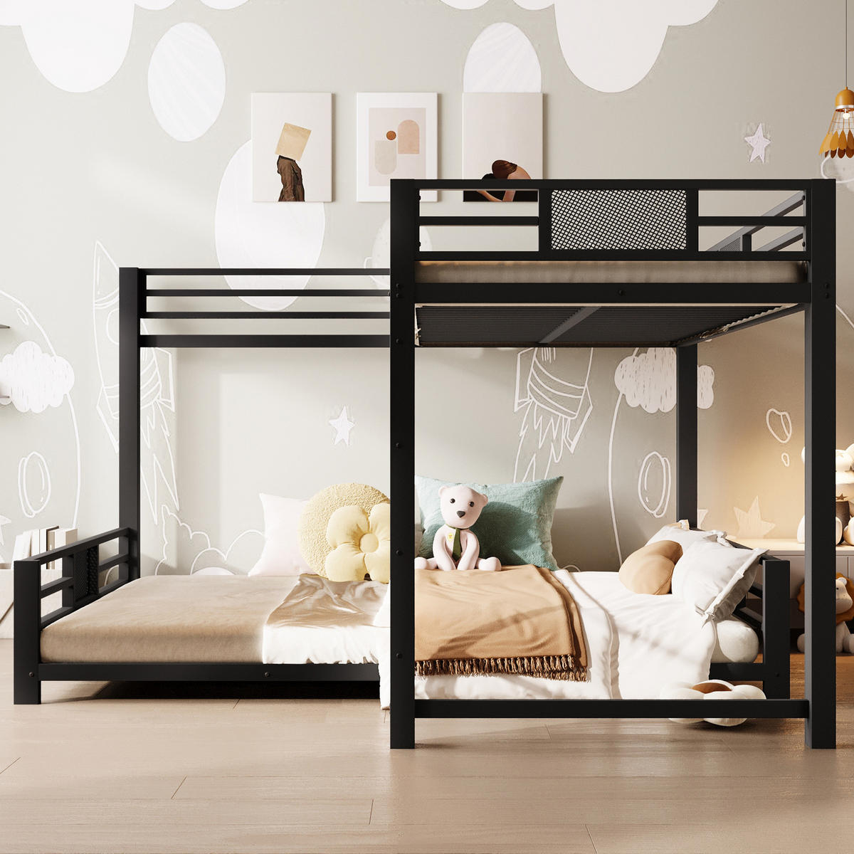 ETAGENBETT 90/200 über 140/200 cm aus Metall in Schwarz, L-Form - Schwarz, Metall (140/200cm) - Flora Grace