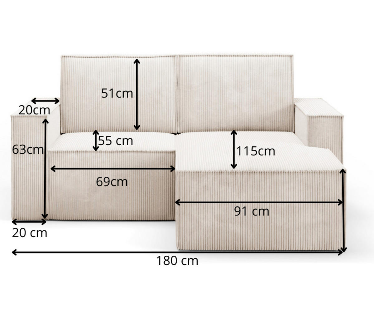 ECKSOFA Orto Beige, Zweisitzer Kordecksofa linke seite - Beige, Holzwerkstoff/Textil (180/141cm) - Bettso