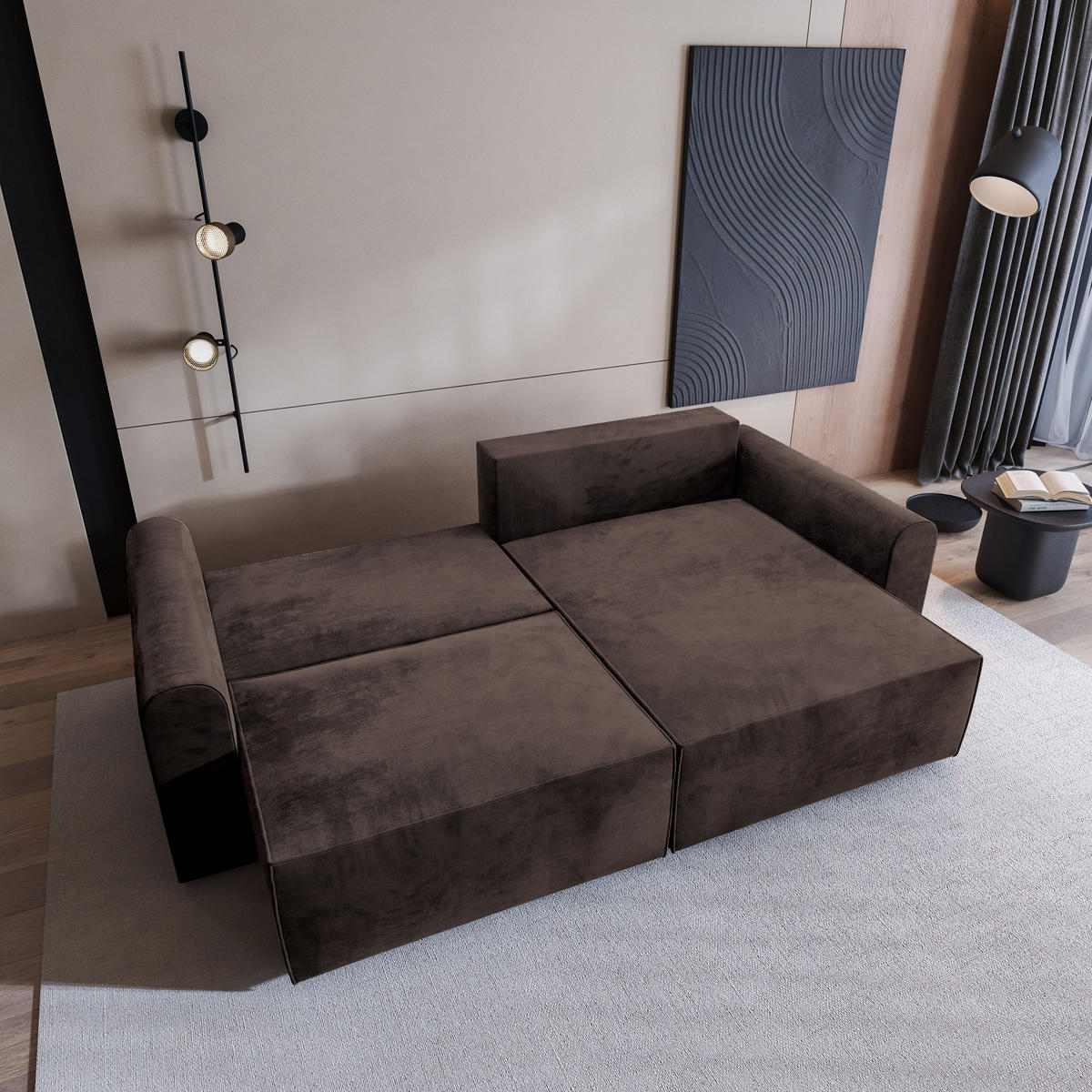 ECKSOFA FIANO M Braun Velours-Stoff mit Schlaffunktion - Braun, Holz (245/148cm) - MASSENO