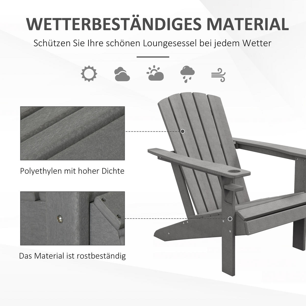 GARTENSTUHL mit Getränkehalter, Adirondack, Grau, HDPE, 75 x 87 x 90 cm - Grau, Kunststoff (87/90/75cm) - Outsunny