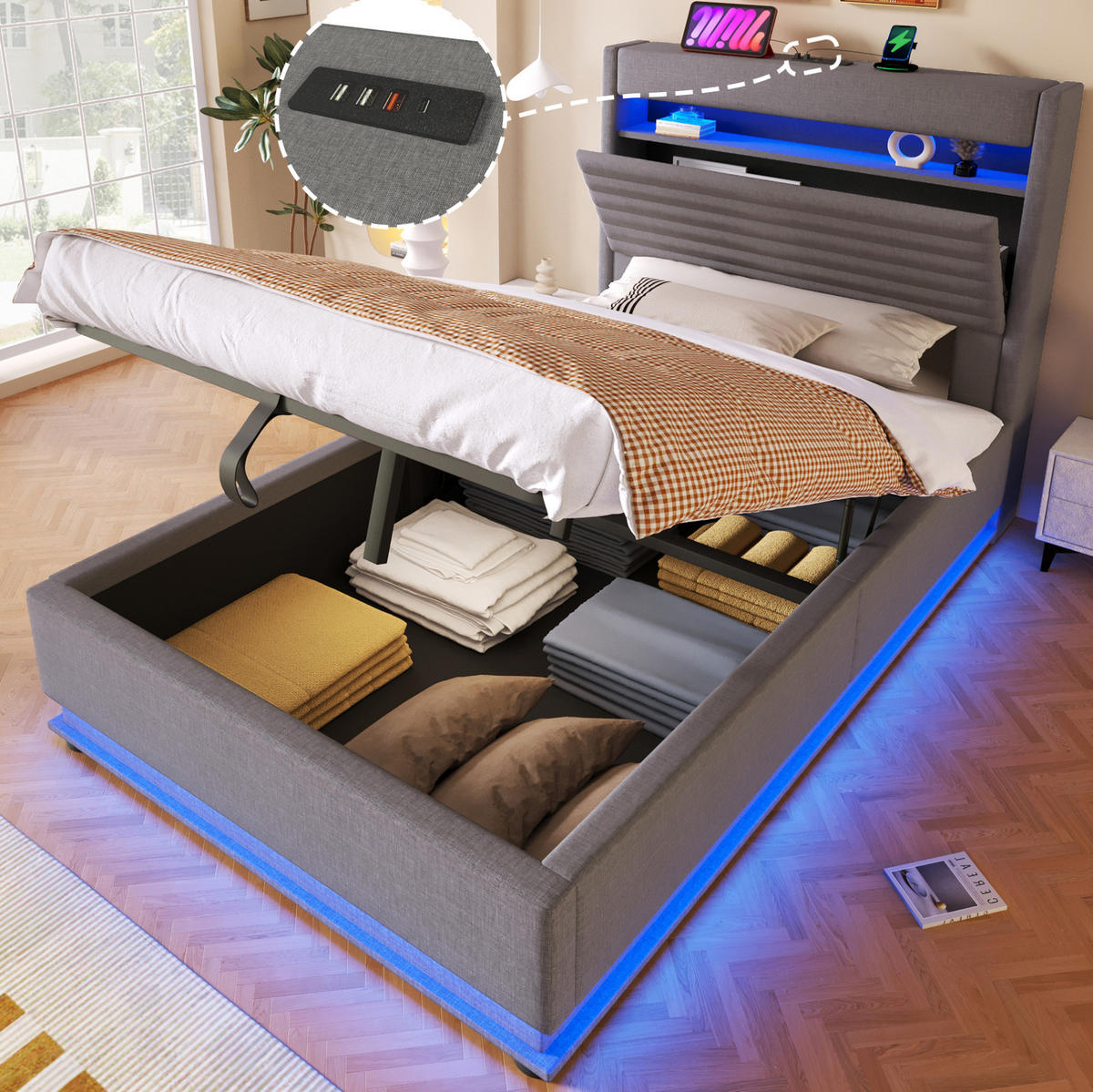 POLSTERBETT 90/200 cm Grau mit LED-Beleuchtung, USB- und Typ-C-Anschluss, hydraulischem Stauraum und Ablage - Grau, Textil (90/200cm) - OKMYHOME