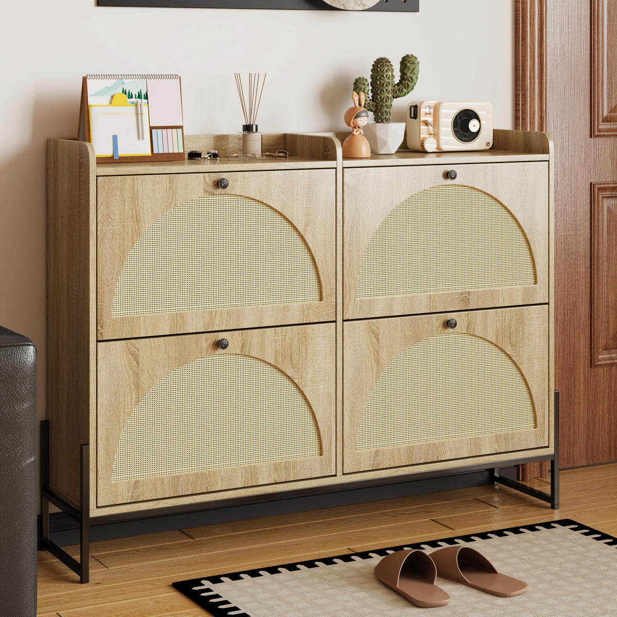 SCHMALER Schuhschrank mit 4 Klapptüren, Holz, Beige - Naturfarben, Textil (118/91.5/25cm) - Urban Meuble