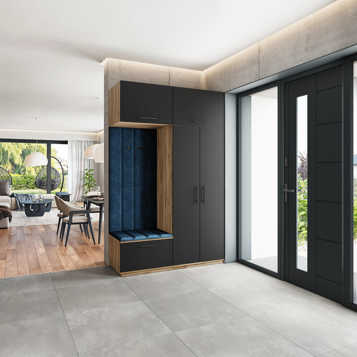 GARDEROBENSCHRANK REMA 150/240/60 cm Modern Garderobe-Set Eiche Wotan - Blau/Eiche Wotan, Holzwerkstoff (150/240/60cm) - MASSENO