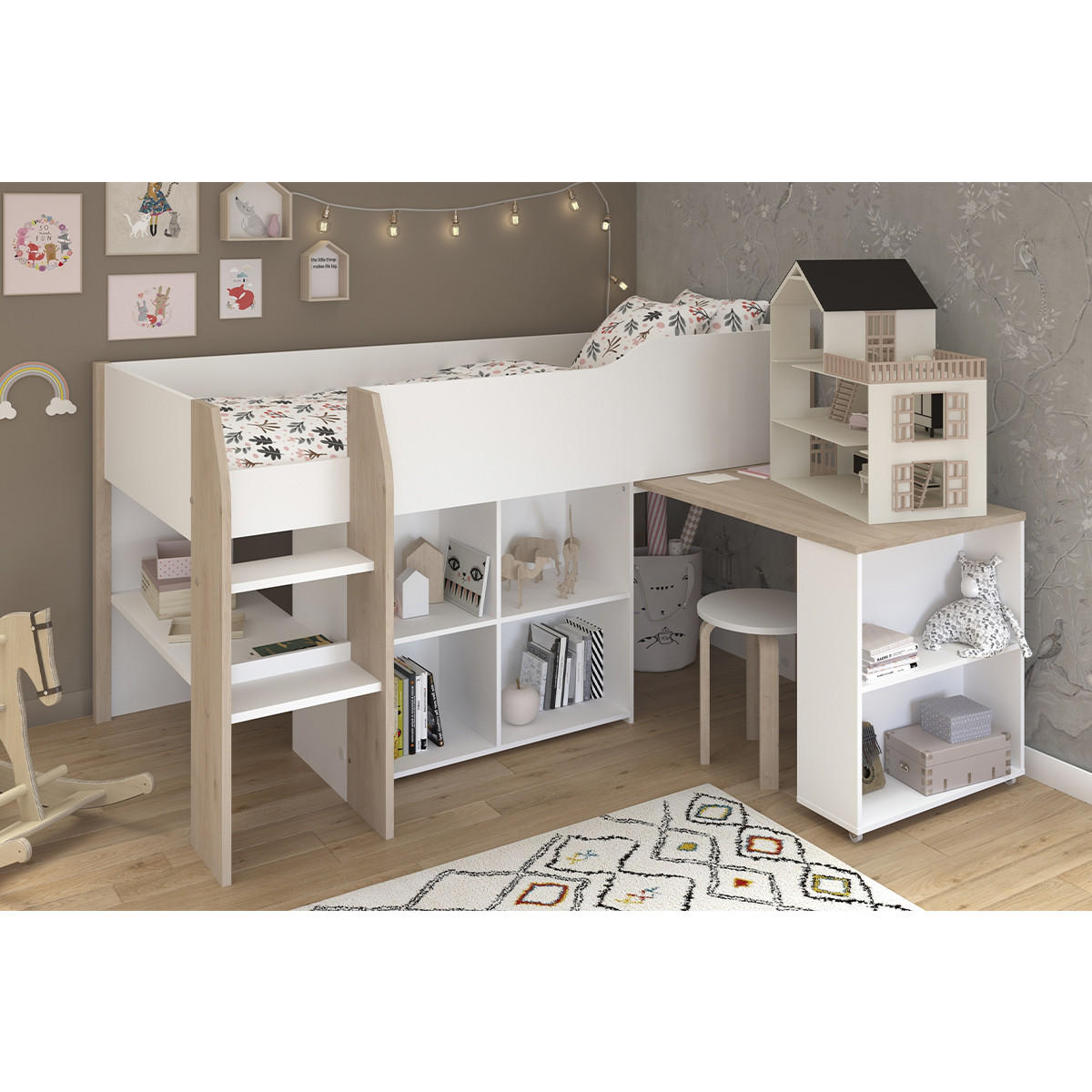 HOCHBETT mit Schreibtisch und Stauraum 90x200 cm - Finland - Apfelbaumfarben, Holzwerkstoff (90/200cm) - Calicosy