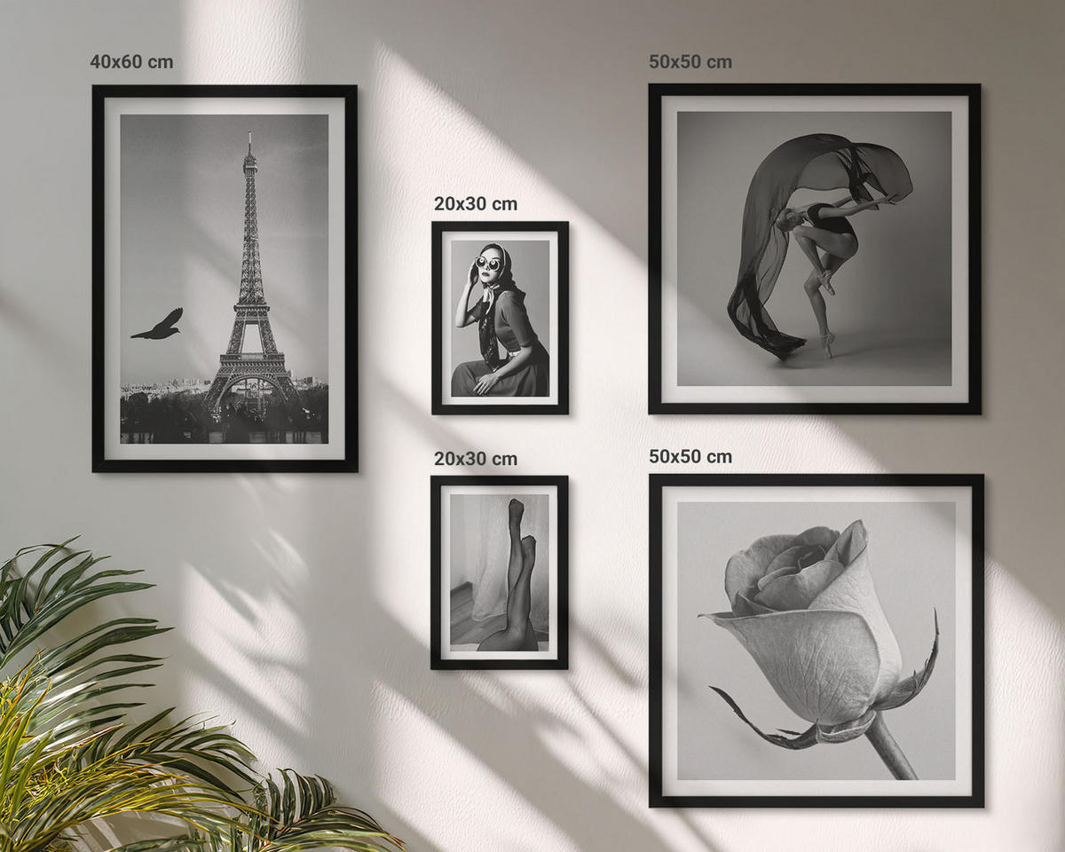BILDER SET 5er Set - 50x50 cm & 20x30 cm & 40x60 cm Schwarzer Rahmen - Stilvolle Porträts eleganter Frauen - Schwarz, Kunststoff (40/60cm) - TULUP