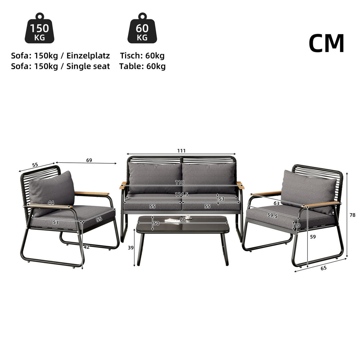 GARTENMÖBEL 118x65x78cm schwarz, feuerverzinkt, mit Glas und Kissen - Schwarz, Metall - Modfu