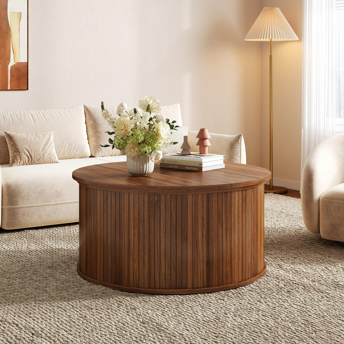 COUCHTISCH rund, MDF, höhenverstellbar mit Stauraum - Walnussfarben, Holzwerkstoff (88/88/53.5cm) - FLIEKS