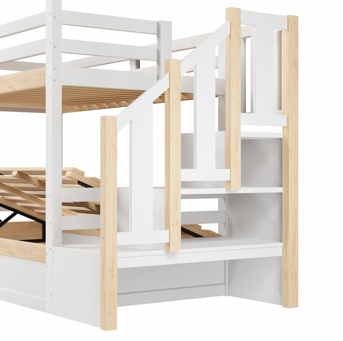 ETAGENBETT 90/200 cm mit hydraulischem Stauraum, Hausdesign und Bettgitter, Weiß/Natur - Weiß, Holz (90/200cm) - Redom