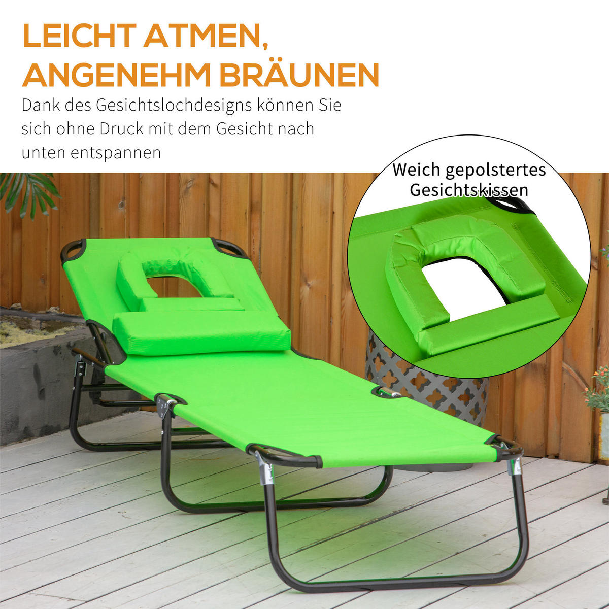 SONNENLIEGE mit Gesichtsöffnung Grün 190/56/70 cm - Schwarz/Grün, Textil/Metall (56/28/190cm) - Outsunny