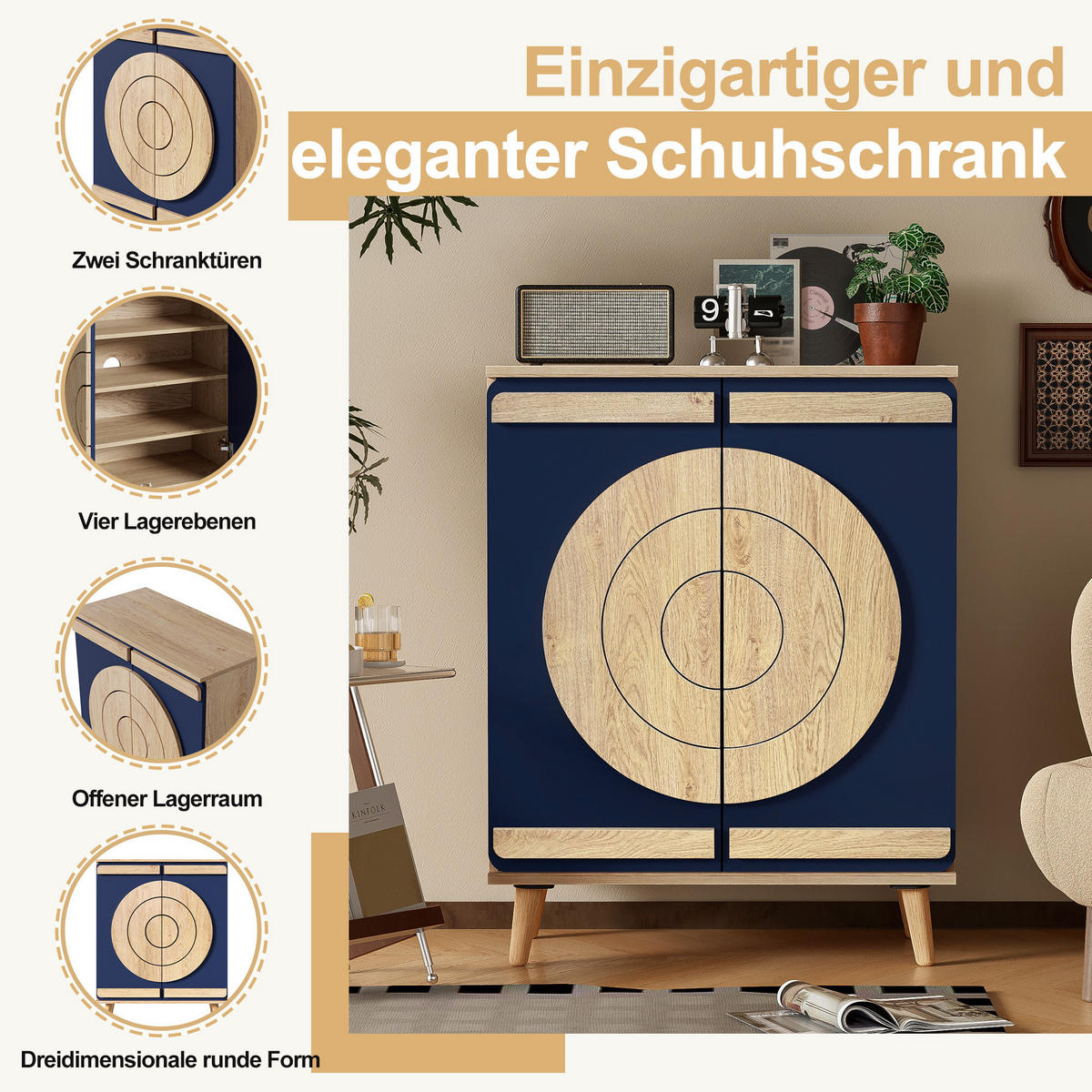 SCHUHSCHRANK in Naturfarben und Blau Schuhkommode mit mehrstufigem Stauraum und Holzbeinen, B76/T37/H98.5cm - Blau/Naturfarben, Holzwerkstoff/Metall (76/98.5/37cm) - STILVORA