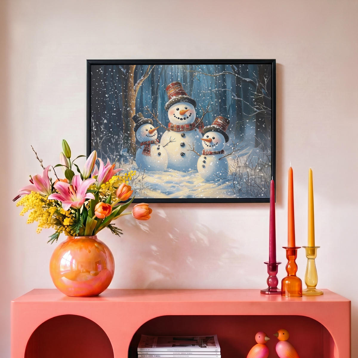 LEINWAND Bilder mit Rahmen - Schneemann - Schnee - Winter - Wald - 40x30 - Hellblau, Textil (40/30cm) - MuchoWow