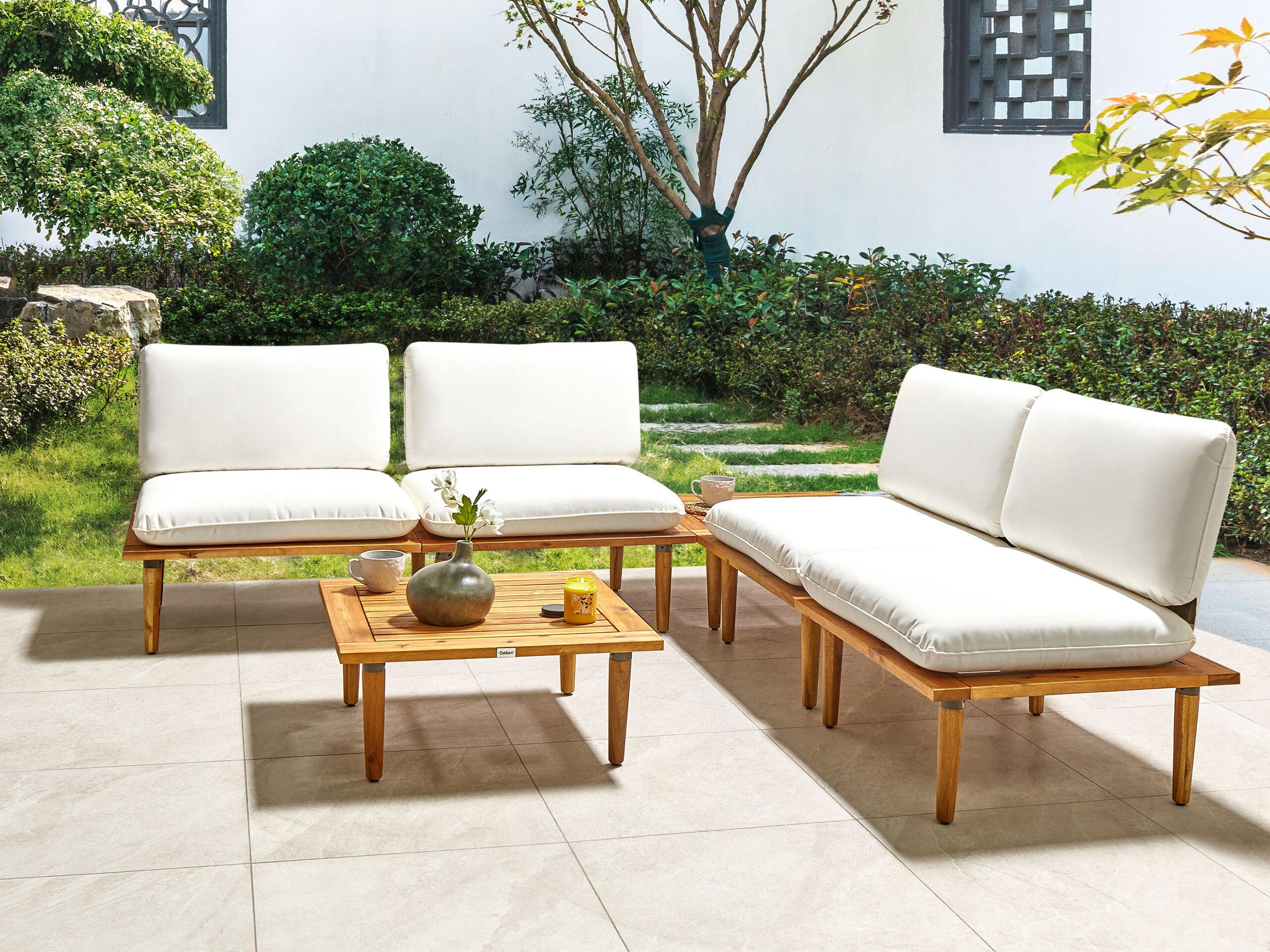 4-SITZER LOUNGE SET zertifiziertes Akazienholz hellbraun modular Auflagen cremeweiß Frascati - Hellbraun/Weiß, Holz (70/70/80cm) - Beliani