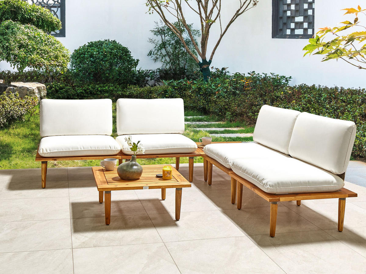 4-SITZER LOUNGE SET zertifiziertes Akazienholz hellbraun modular Auflagen cremeweiß Frascati - Hellbraun/Weiß, Holz (70/70/80cm) - Beliani