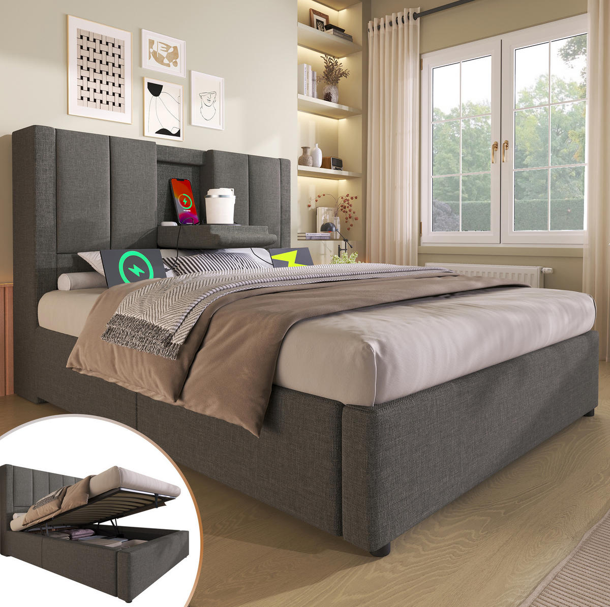 POLSTERBETT 90/200 cm Grau aus Leinen mit Stauraum - Grau, Textil (90/200cm) - OKMYHOME