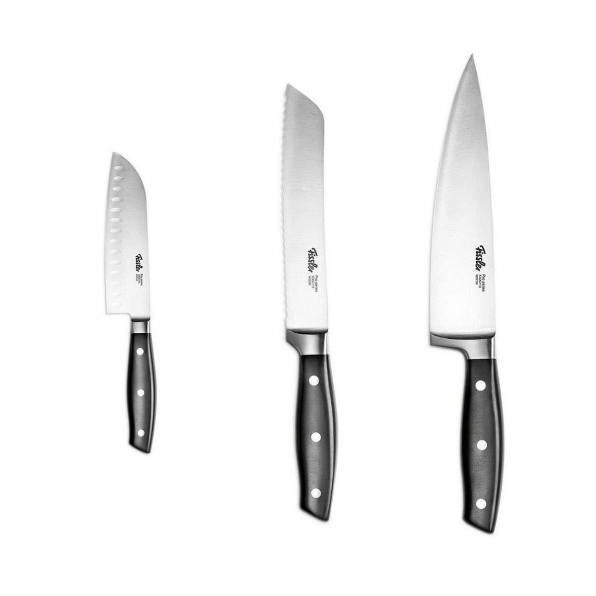 MESSERSET 3-tlg -Profi- Küchenmesser Set mit Santokumesser 130mm & 165mm, Brotmesser 180 mm, Edelstahl, Kullenschliff, Kochmesser - Silberfarben/Schwarz, Kunststoff/Metall - Fissler