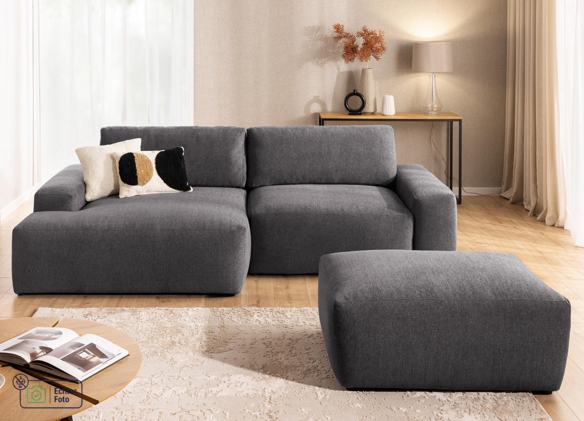 ECKSOFA inkl. Hocker Lennon aus Graphit Strukturstoff mit Schlaffunktion und Bettkasten - Graphitfarben/Schwarz, Holz/Kunststoff (137/264cm) - S-Style