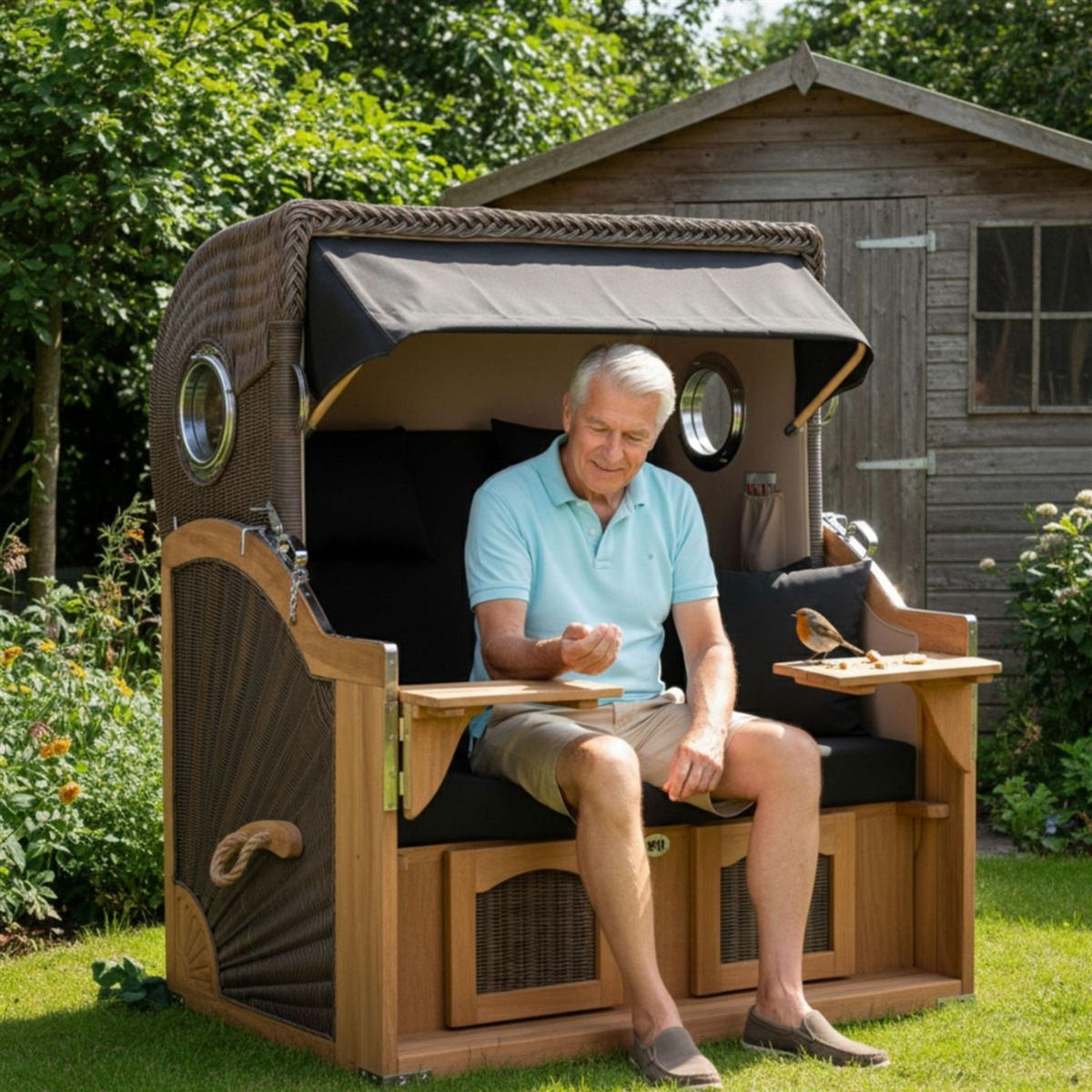 STRANDKORB Düne Grande Bullauge Teak PE Grey Dessin 548 - Schwarz/Braun, Metall (142/170/95cm) - Mr. Deko