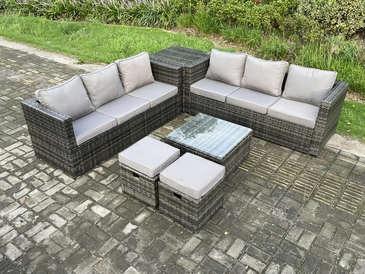 GARTENSET mit Couchtisch Polyrattan 8-Sitzer - Dunkelgrau, Metall - Fimous