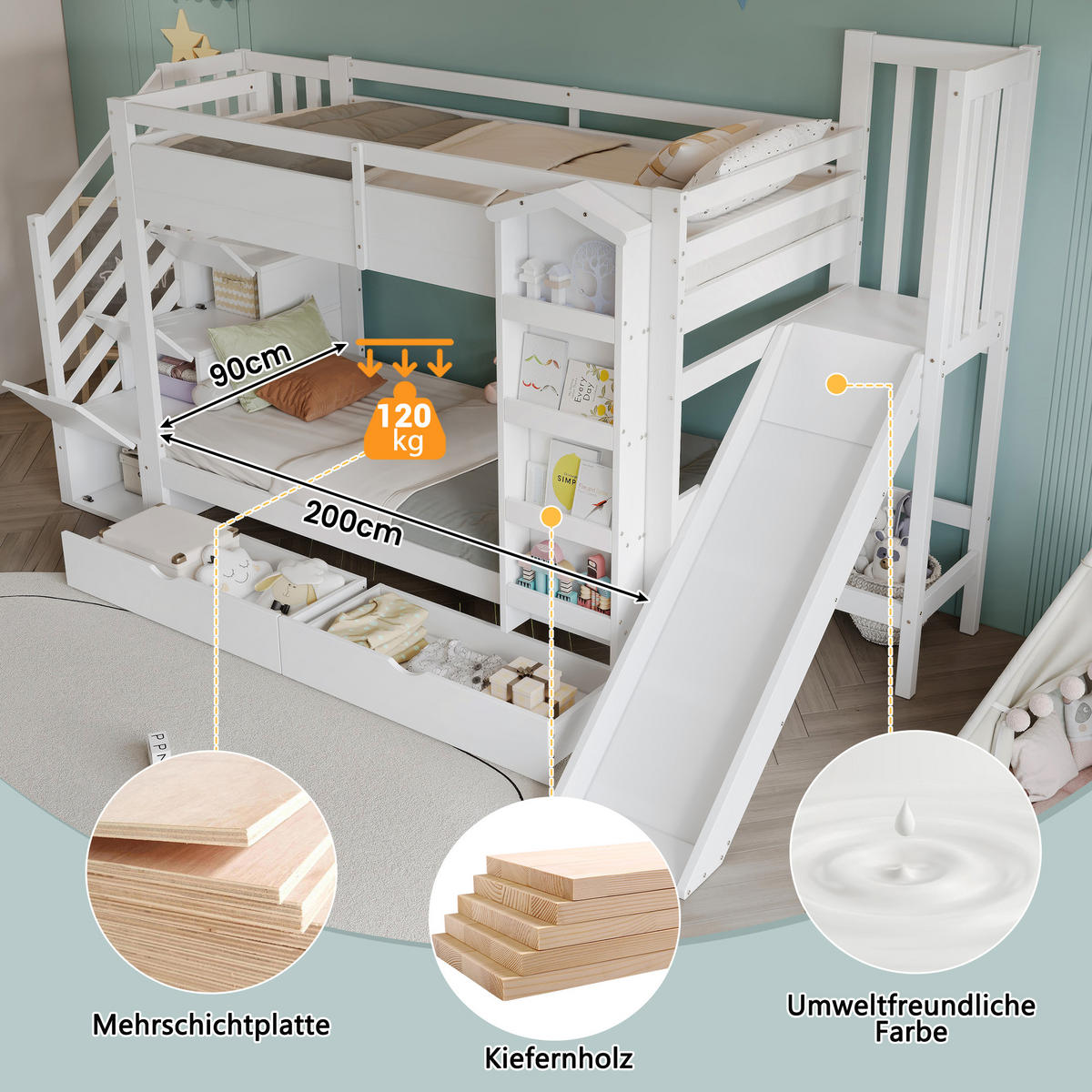 ETAGENBETT Kinderbett Weiß 90x200cm - Weiß, Holz (90/200cm) - ComfortXL