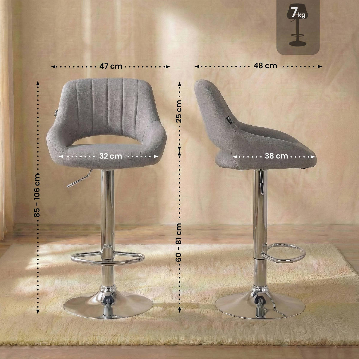 BARHOCKER Stoff Grau - Chromfarben/Grau, Textil/Metall (47/85/48cm) - CLP