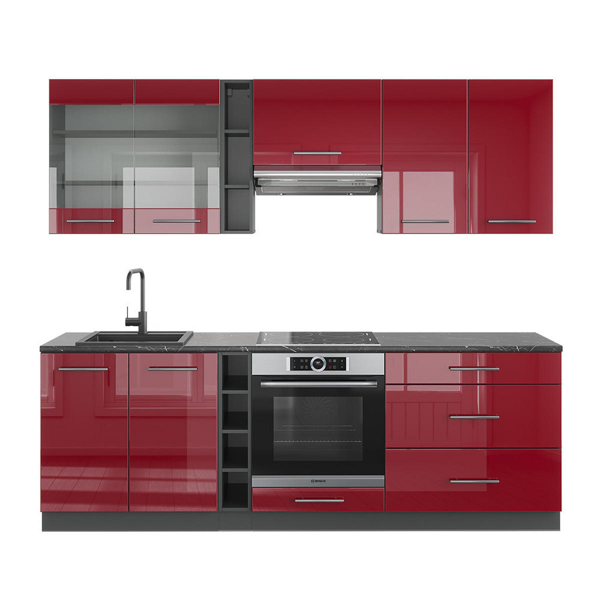 KÜCHENZEILE Fame-Line Bordeaux Hochglanz/Anthrazit 235 cm ohne AP - Bordeaux/Anthrazit, Holzwerkstoff (235/81.6/46cm) - Vicco