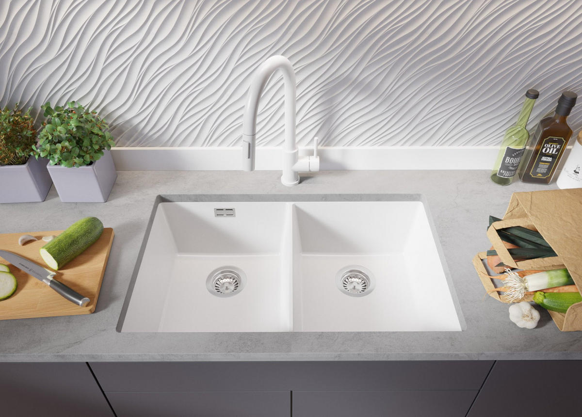 UNTERBAUSPÜLE GRANIT London Twin, 2-er set Weiß 76/47 cm 2 Becken + Küchenarmatur 32/20 cm + Ablauf-Set ab 80er Unterschrank - Chromfarben/Weiß, Kunststoff (76/20/47cm) - Primagran